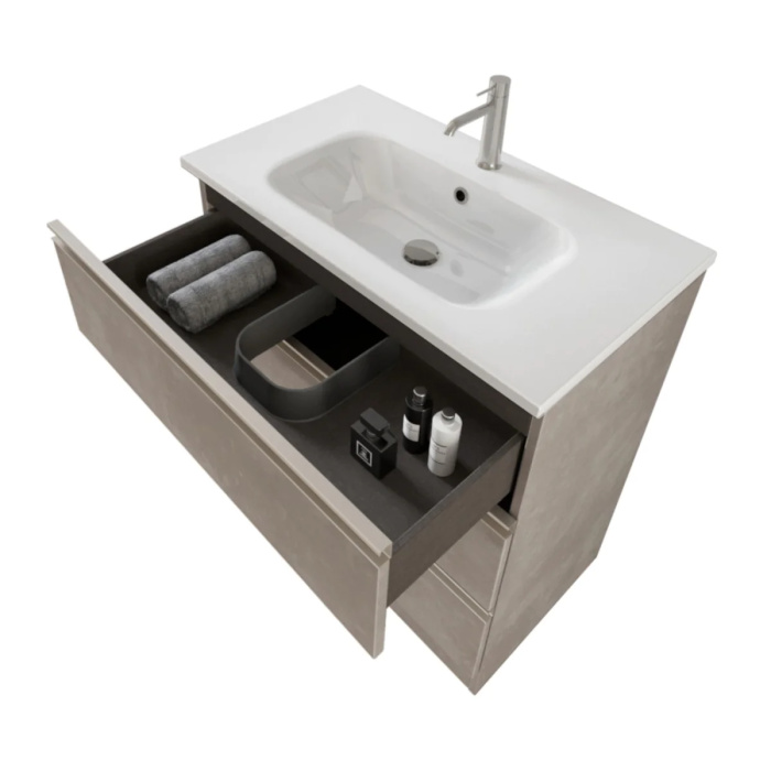 Mobile Bagno A Terra 80cm Con Specchiera Cemento Grigio Caldo DUBON - immagine 3