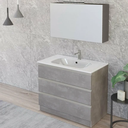 Mobile Bagno A Terra 80cm Con Specchiera Cemento Grigio Caldo DUBON