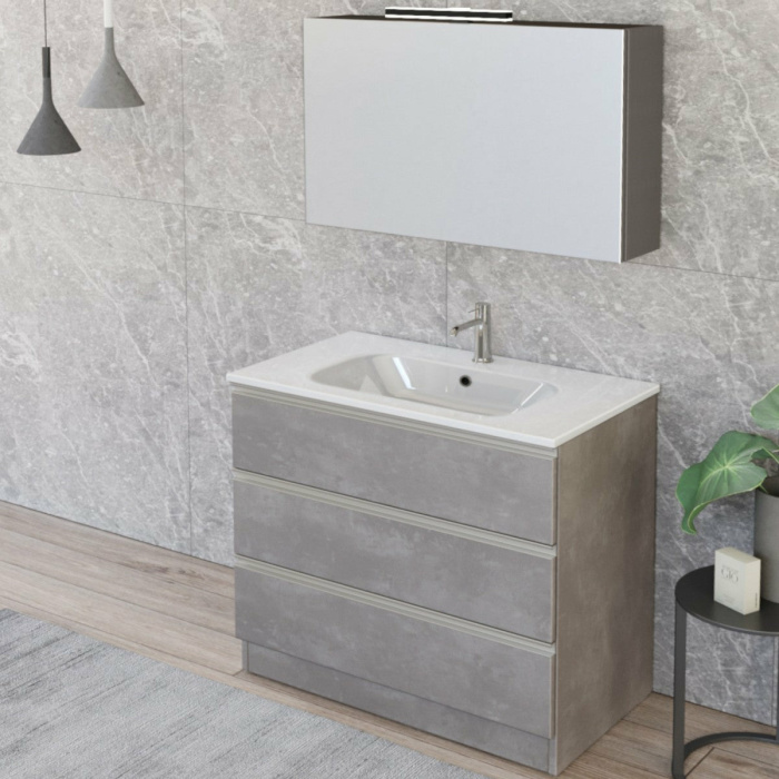 Mobile Bagno A Terra 80cm Con Specchiera Cemento Grigio Caldo DUBON - immagine 1