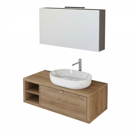 Mobile Bagno Sospeso 110cm Rovere Farnia Con Ripiano A Sinistra E Specchiera DOMINO