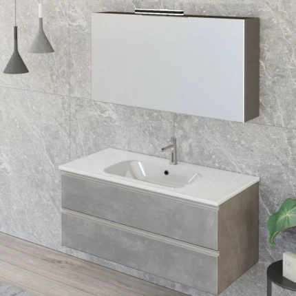 Mobile Bagno Sospeso 100cm Con Due Cassetti E Specchiera Cemento Grigio Caldo DUBON