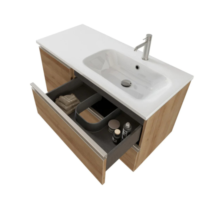 Mobile Bagno Sospeso 100cm Con Anta E Specchiera Rovere Farnia DUBON - immagine 2