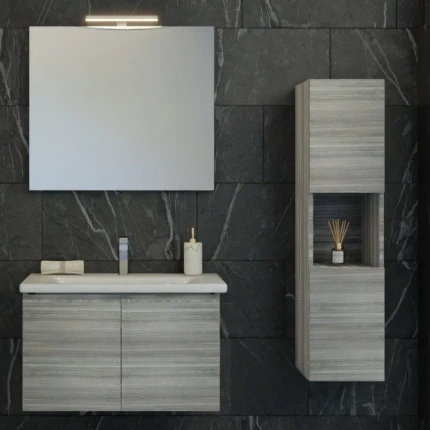 COMPOSIZIONE BAGNO SOSPESO IN COLORE EUCALIPTO GRIGIO DA 80CM CON SPECCHIO, LAMPADA E COLONNA