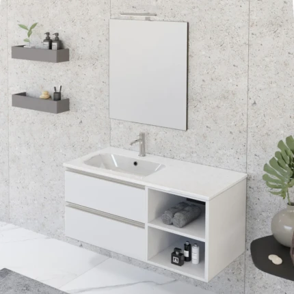 Mobile Bagno Sospeso 100cm Con Ripiano A Destra E Specchio Bianco Opaco DUBON