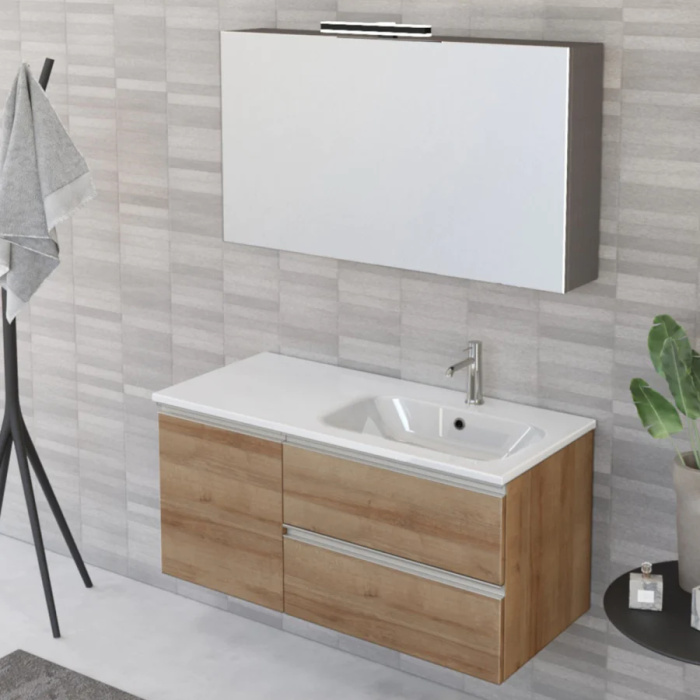 Mobile Bagno Sospeso 100cm Con Anta E Specchiera Rovere Farnia DUBON - immagine 1