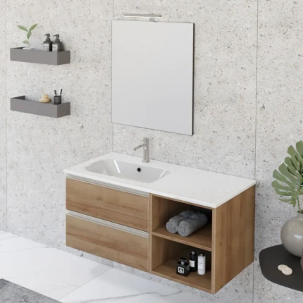 Mobile Bagno Sospeso 100cm Con Ripiano A Destra E Specchio Rovere Farnia DUBON