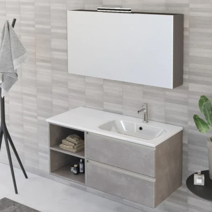 Mobile Bagno Sospeso 100cm Con Ripiano A Sinistra E Specchiera Cemento Grigio Caldo DUBON