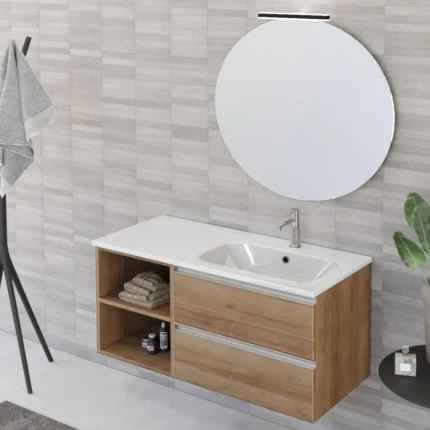 Mobile Bagno Sospeso 100cm Con Ripiano A Sinistra E Specchio Rovere Farnia DUBON