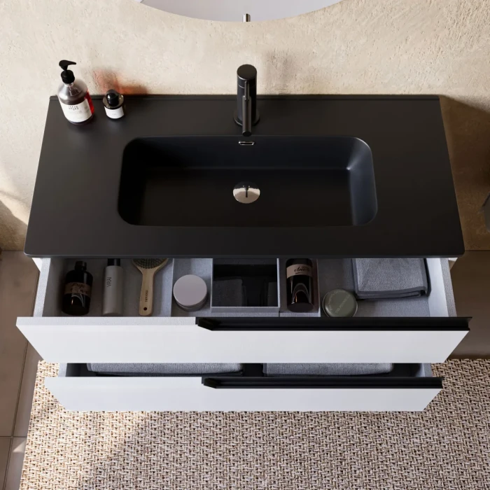 Mobile bagno 80cm Sospeso Bianco Porcellana Lavabo nero Opaco - JAGUAR - immagine 4