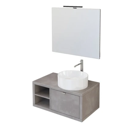 Mobile bagno sospeso 80cm effetto cemento grigio caldo con ripiano a sinistra e specchio DOMINO