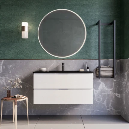 Mobile bagno sospeso 80cm Bianco lavabo nero opaco specchio ARMONY