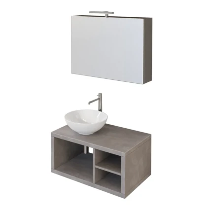 Mobile bagno sospeso 80cm effetto cemento grigio caldo con ripiano a destra e specchiera DOMINO