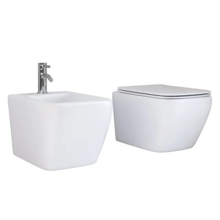 Coppia Sanitari Sospesi wc e bidet Ceramica bianca senza brida Quadrati Marina