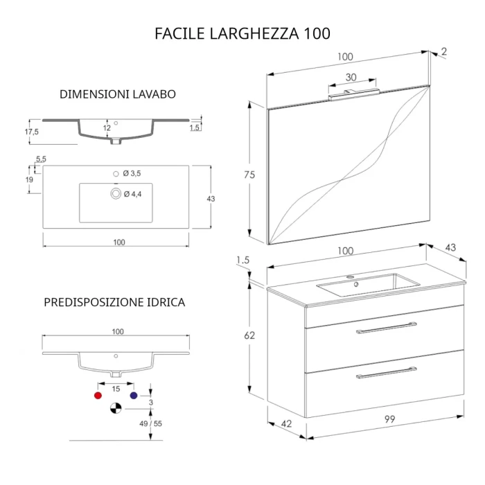 Mobile bagno sospeso 100cm con specchio cemento legno e lava FACILE - immagine 2