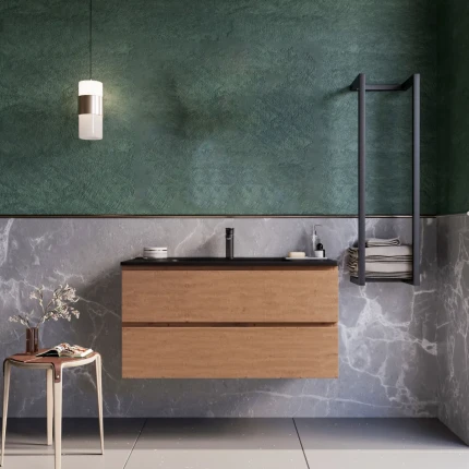 Mobile bagno sospeso 100cm Rovere Cartagena lavabo nero opaco specchio ARMONY