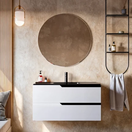 Mobile bagno 100cm Sospeso Bianco Porcellana Lavabo nero Opaco - JAGUAR