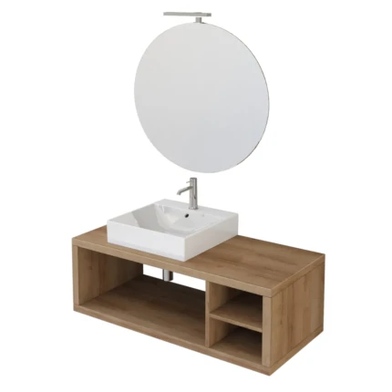 Mobile bagno sospeso 110cm rovere farnia con ripiano a destra e specchio DOMINO