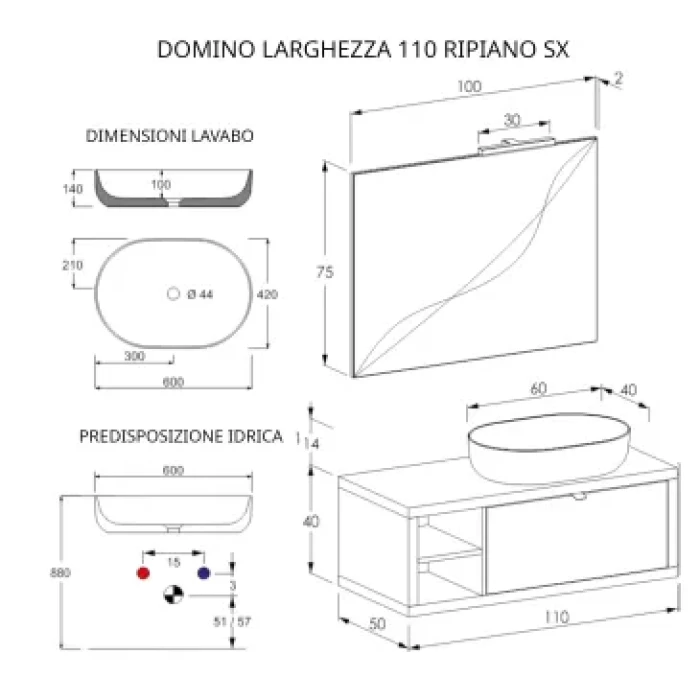 Mobile bagno sospeso 110cm effetto cemento grigio caldo con ripiano a sinistra e specchio - immagine 2