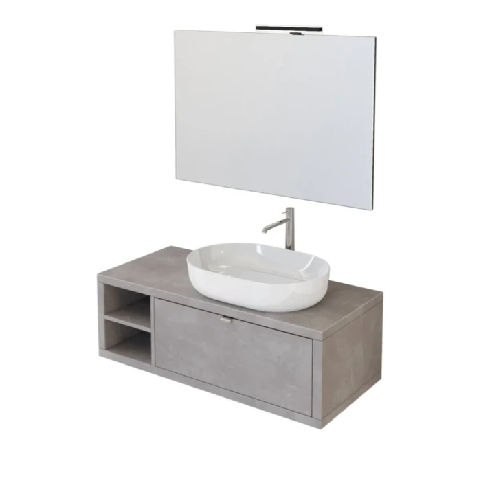 Mobile bagno sospeso 110cm effetto cemento grigio caldo con ripiano a sinistra e specchio - immagine 3