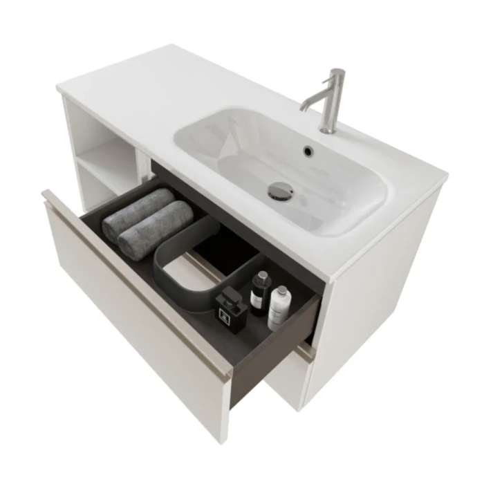 Mobile bagno sospeso 100cm con ripiano a sinistra e specchio bianco opaco DUBON - immagine 3