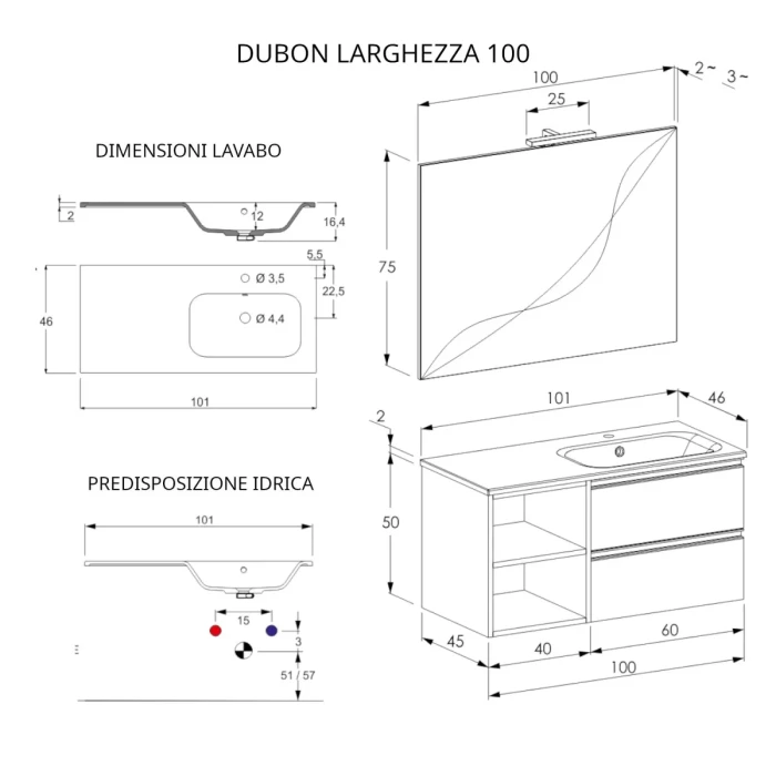 Mobile bagno sospeso 100cm con ripiano a sinistra e specchio bianco opaco DUBON - immagine 4