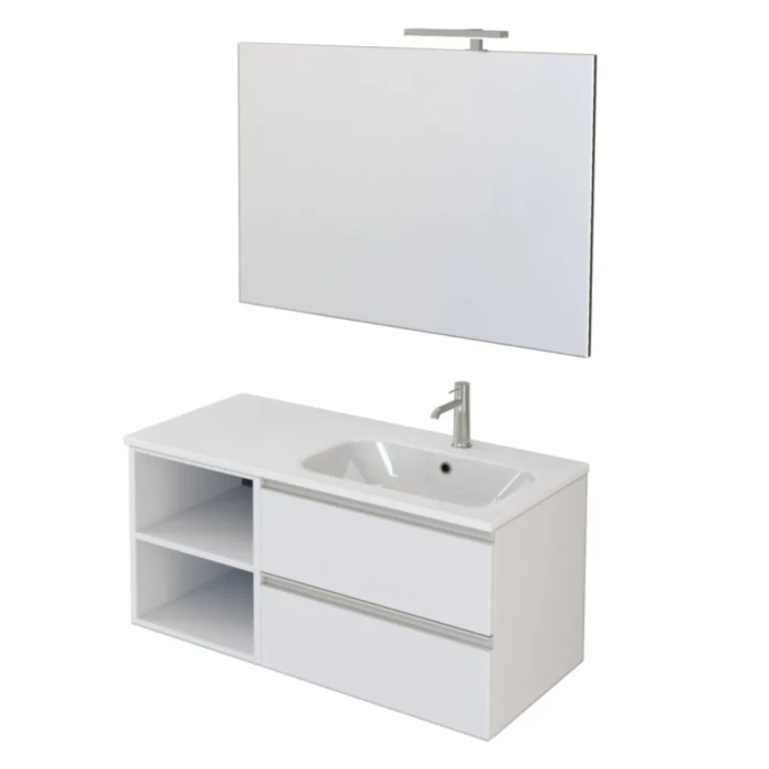 Mobile bagno sospeso 100cm con ripiano a sinistra e specchio bianco opaco DUBON - immagine 2