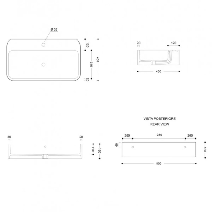 Lavandino da appoggio bagno 80x45 con troppo pieno bianco serie Astor - immagine 2