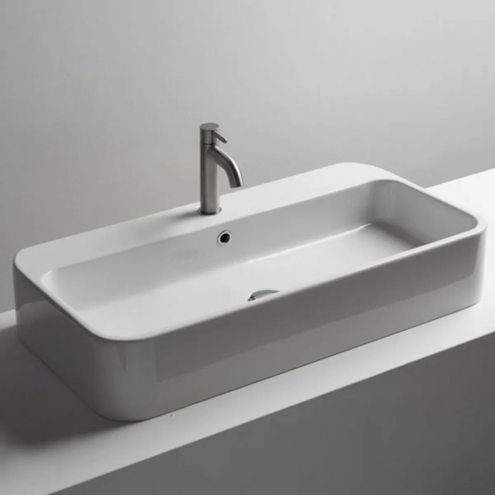 Lavandino da appoggio bagno 80x45 con troppo pieno bianco serie Astor - immagine 1